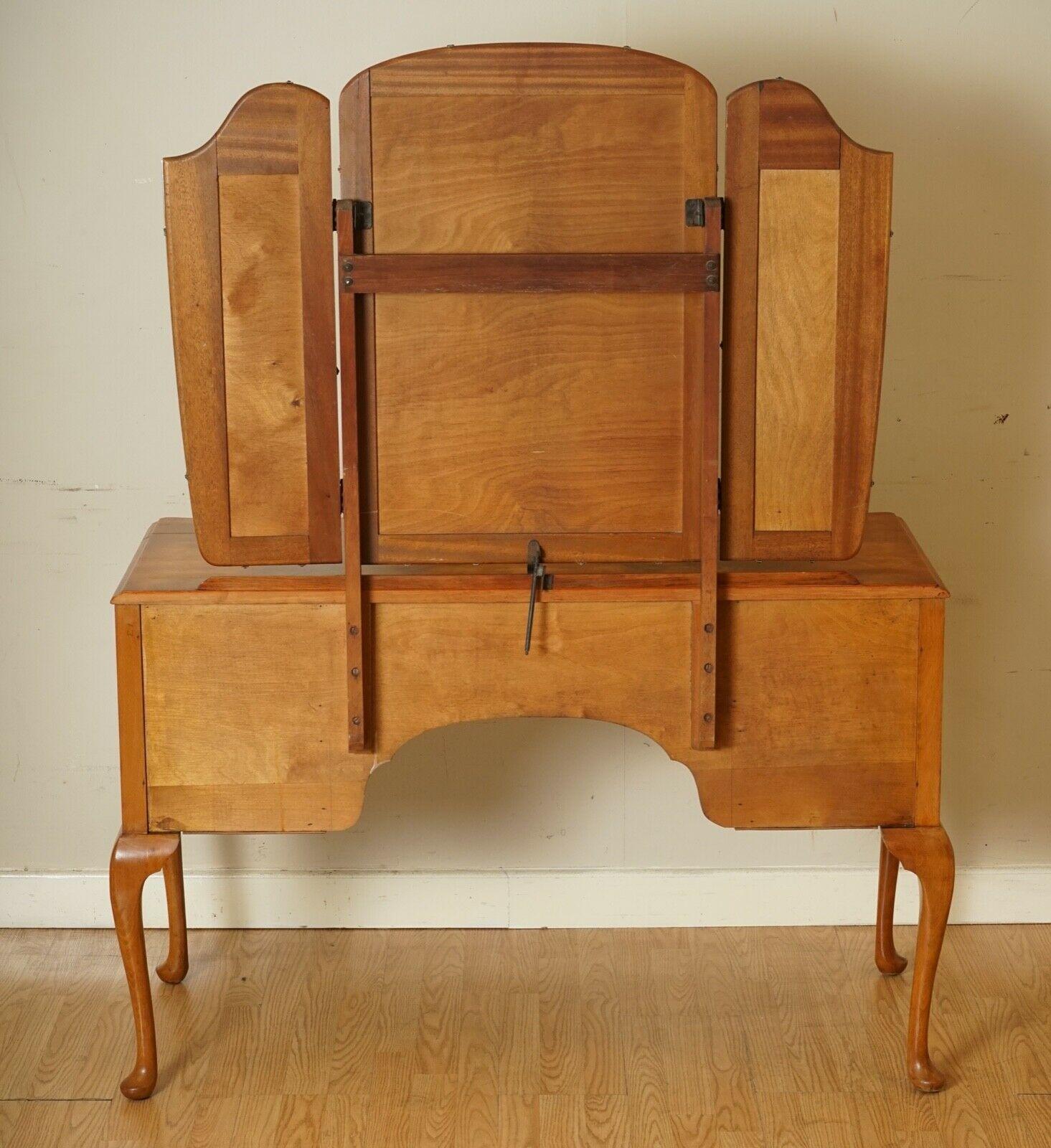 Stunning Vintage Art Deco Burr Walnut Dressing Table with Queen Anne Legs 7