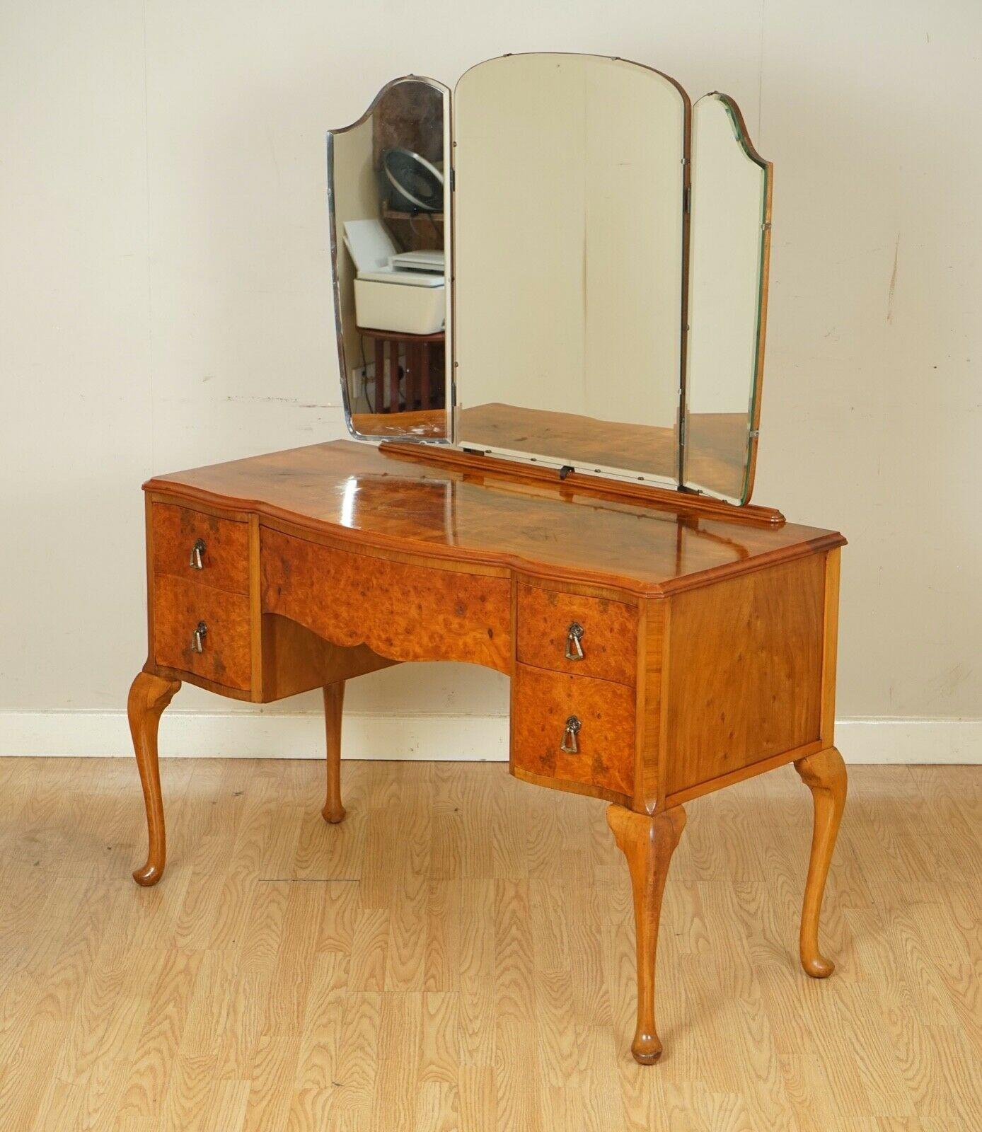 British Stunning Vintage Art Deco Burr Walnut Dressing Table with Queen Anne Legs