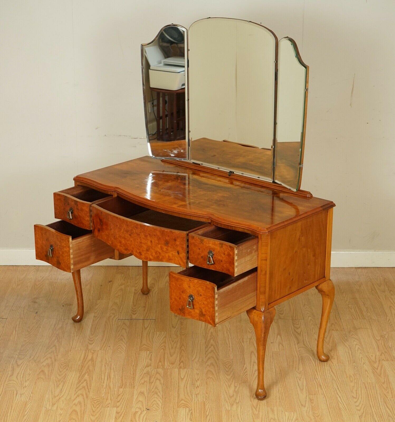 Hand-Crafted Stunning Vintage Art Deco Burr Walnut Dressing Table with Queen Anne Legs