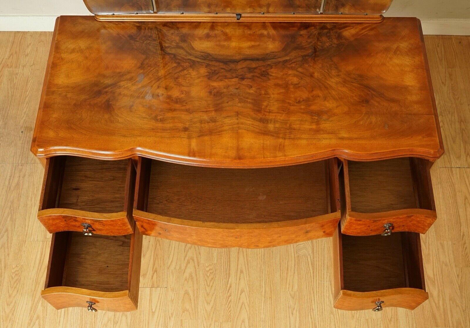 Stunning Vintage Art Deco Burr Walnut Dressing Table with Queen Anne Legs 1