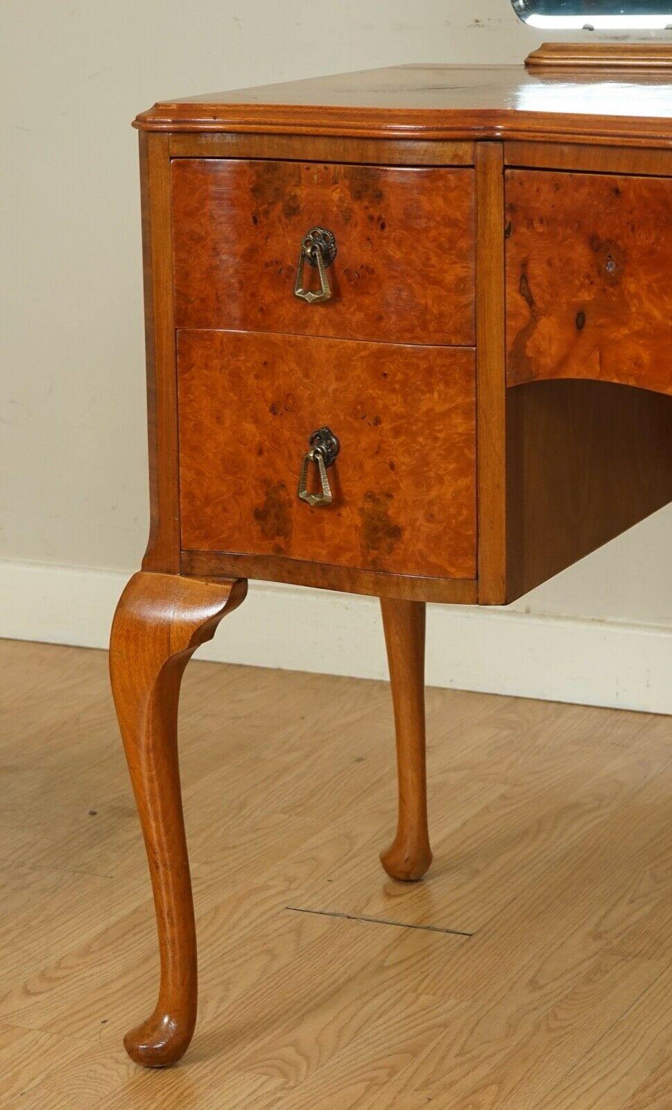 Stunning Vintage Art Deco Burr Walnut Dressing Table with Queen Anne Legs 2