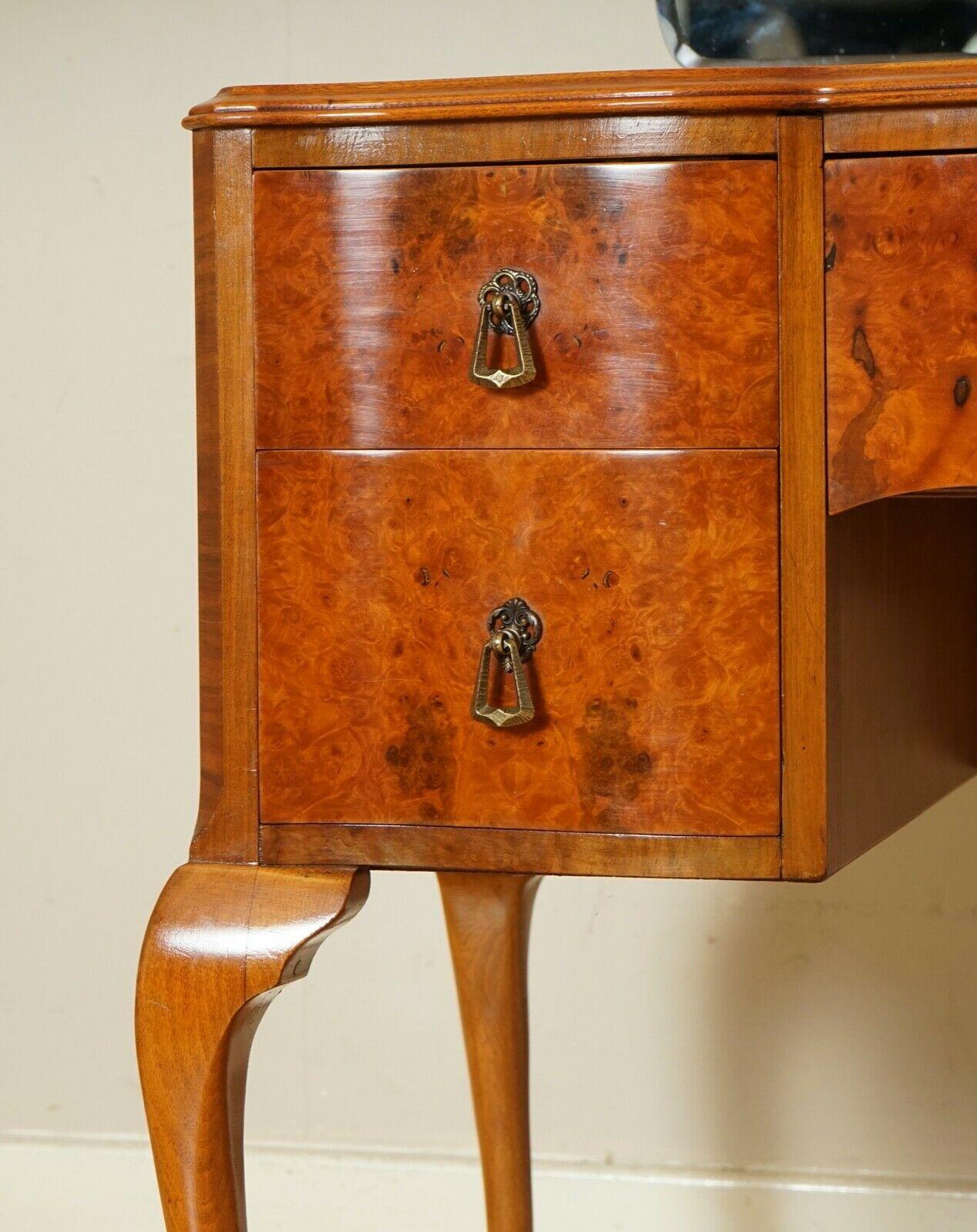 Stunning Vintage Art Deco Burr Walnut Dressing Table with Queen Anne Legs 3
