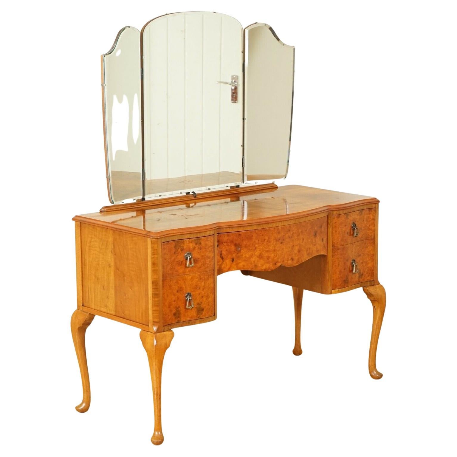 Stunning Vintage Art Deco Burr Walnut Dressing Table with Queen Anne Legs
