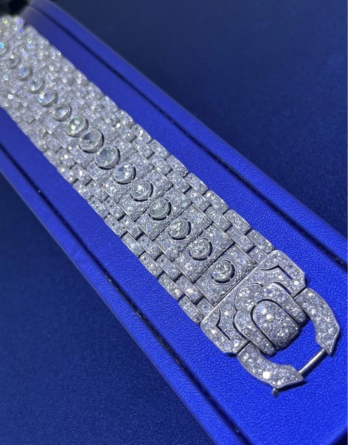 Stunning Vintage Art Deco Platinum 19CT Old Cut Round Diamond Wide Bracelet For Sale 5