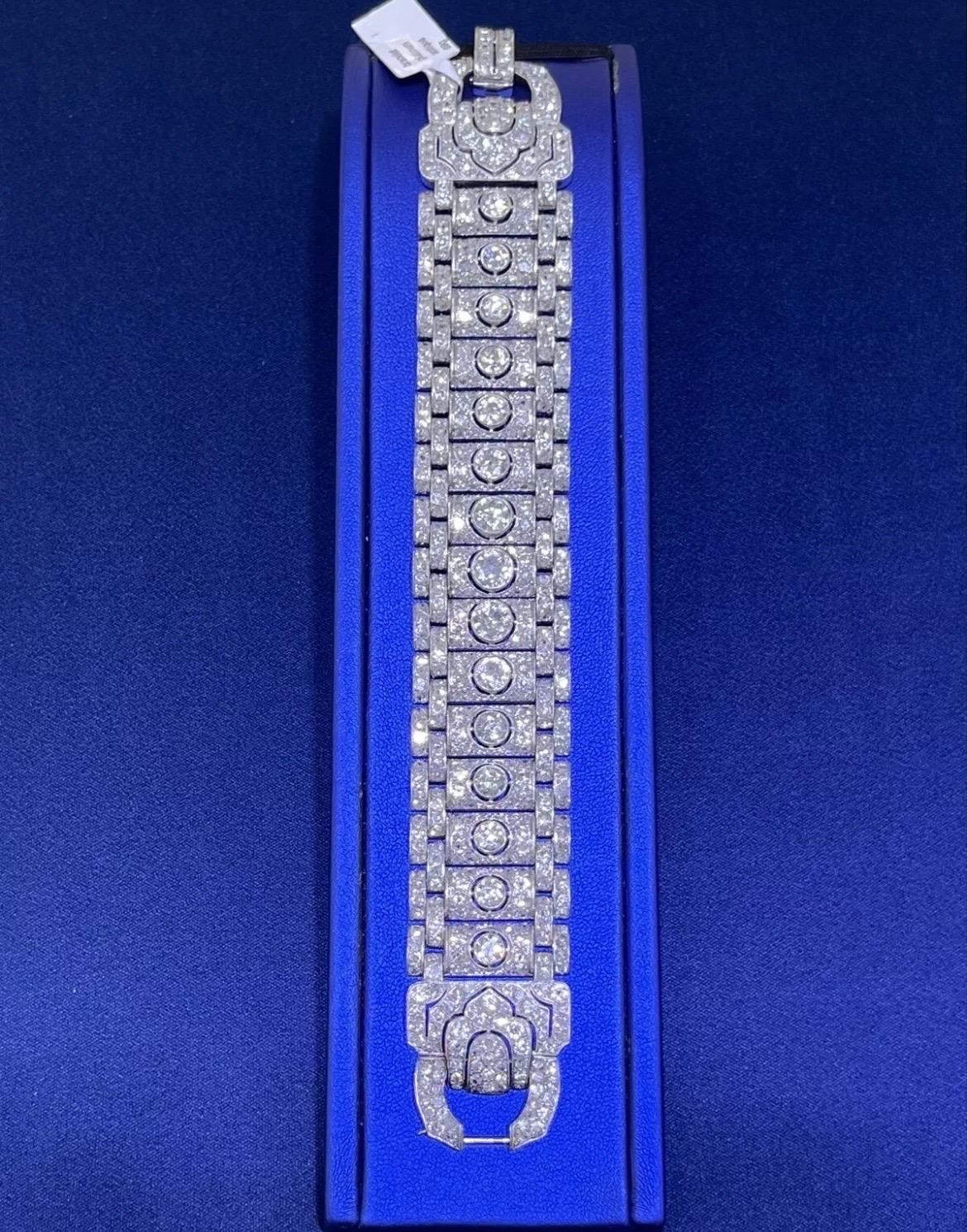 Stunning Vintage Art Deco Platinum 19CT Old Cut Round Diamond Wide Bracelet For Sale 6