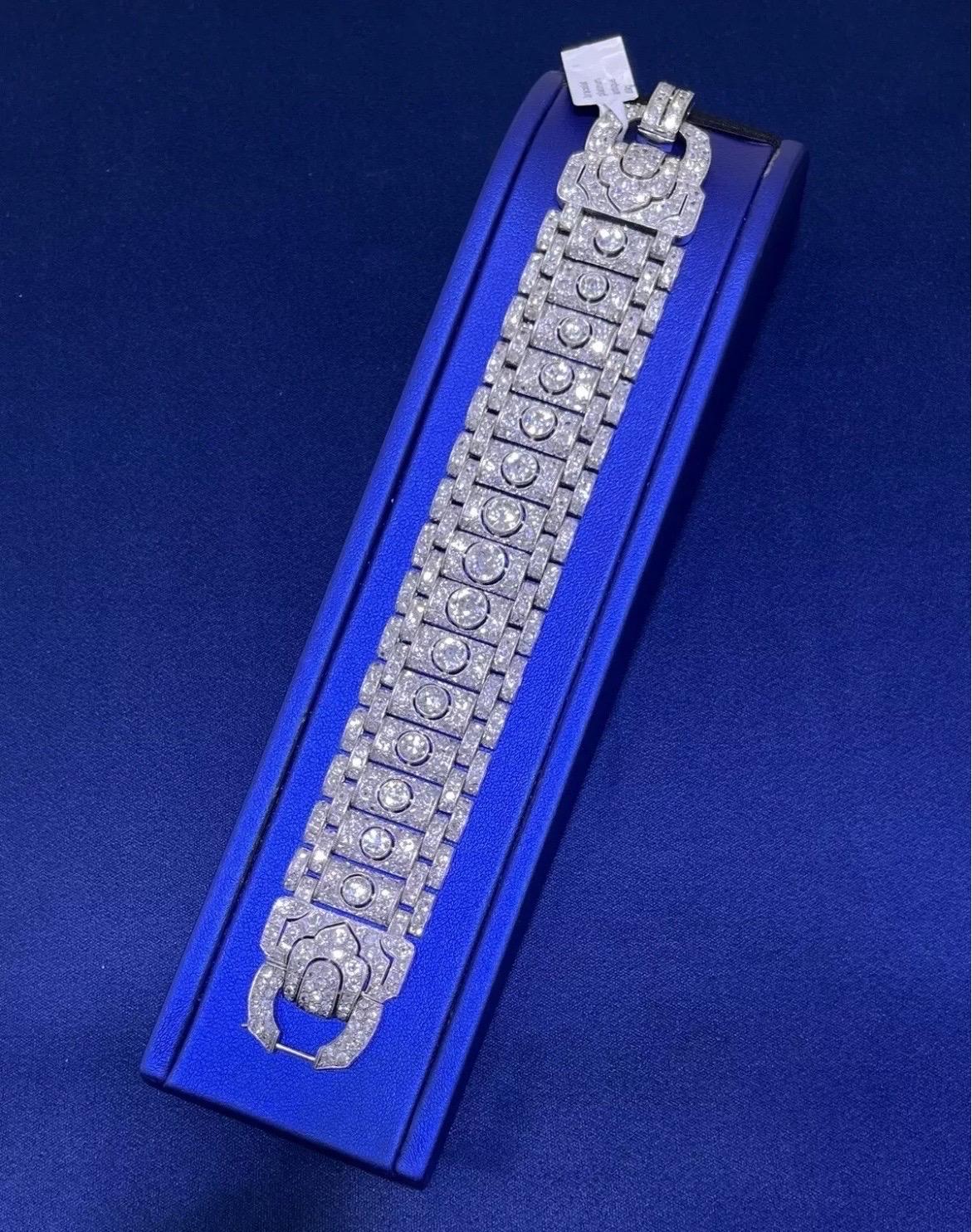Stunning Vintage Art Deco Platinum 19CT Old Cut Round Diamond Wide Bracelet For Sale 7