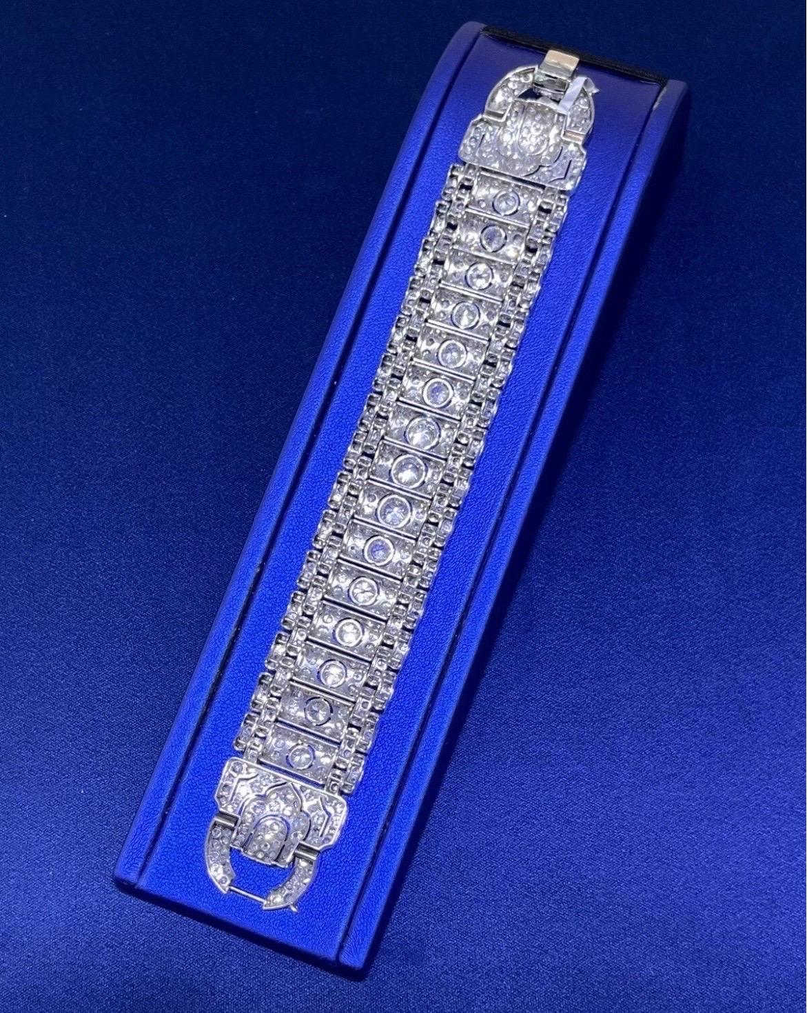 Stunning Vintage Art Deco Platinum 19CT Old Cut Round Diamond Wide Bracelet For Sale 8