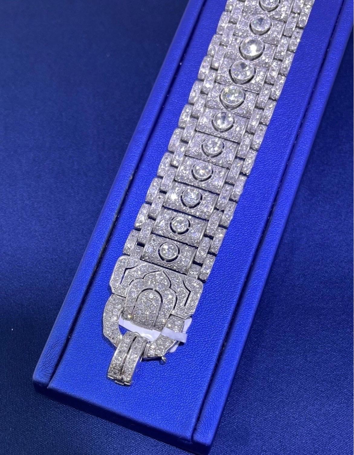 Stunning Vintage Art Deco Platinum 19CT Old Cut Round Diamond Wide Bracelet For Sale 9