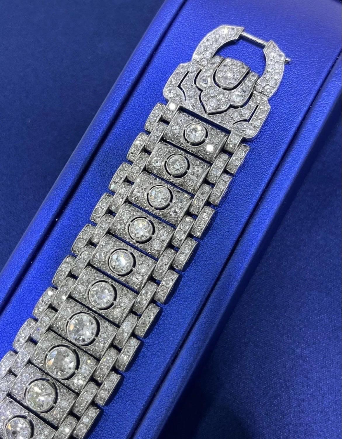Stunning Vintage Art Deco Platinum 19CT Old Cut Round Diamond Wide Bracelet For Sale 10