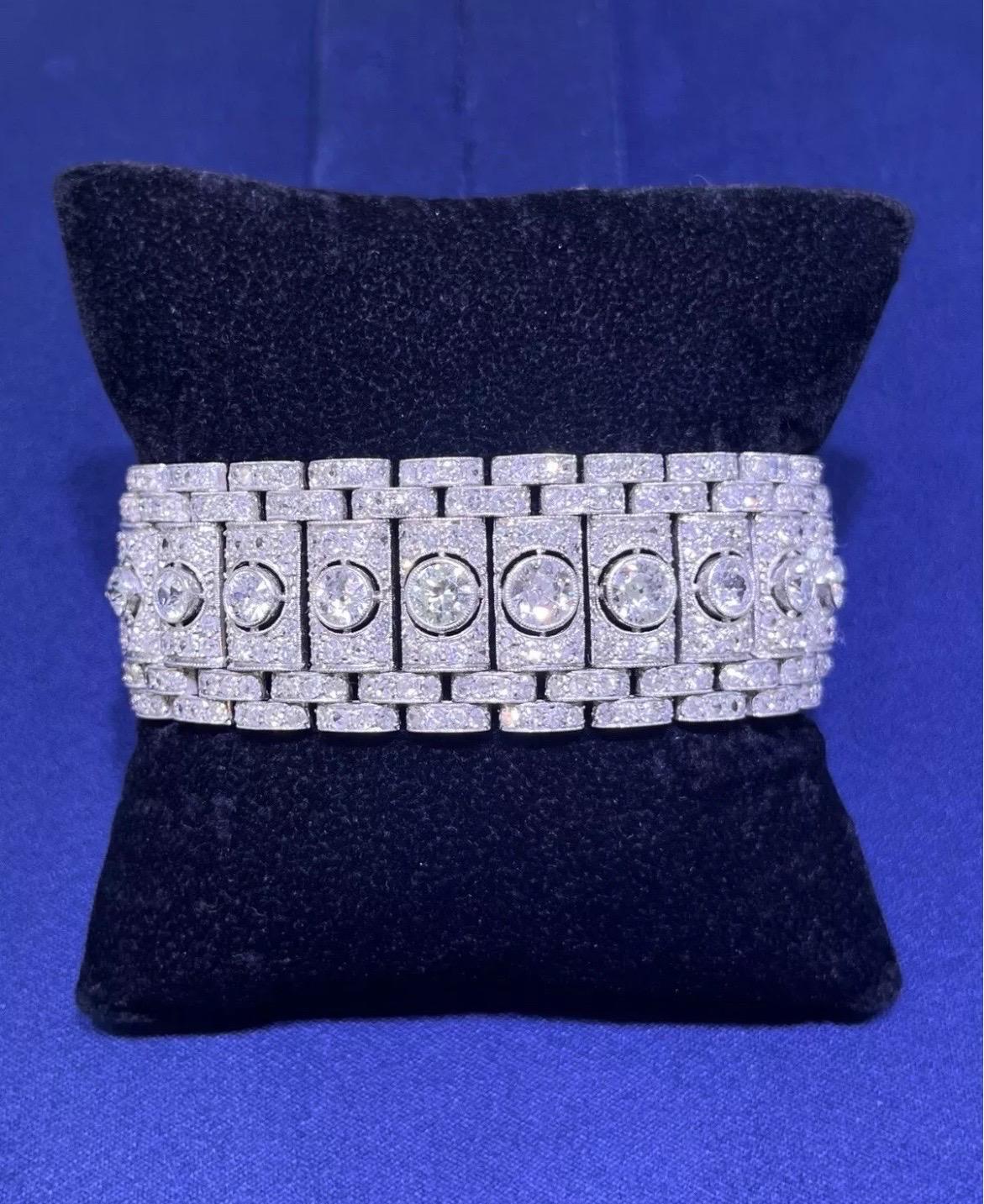 Stunning Vintage Art Deco Platinum 19CT Old Cut Round Diamond Wide Bracelet For Sale 11