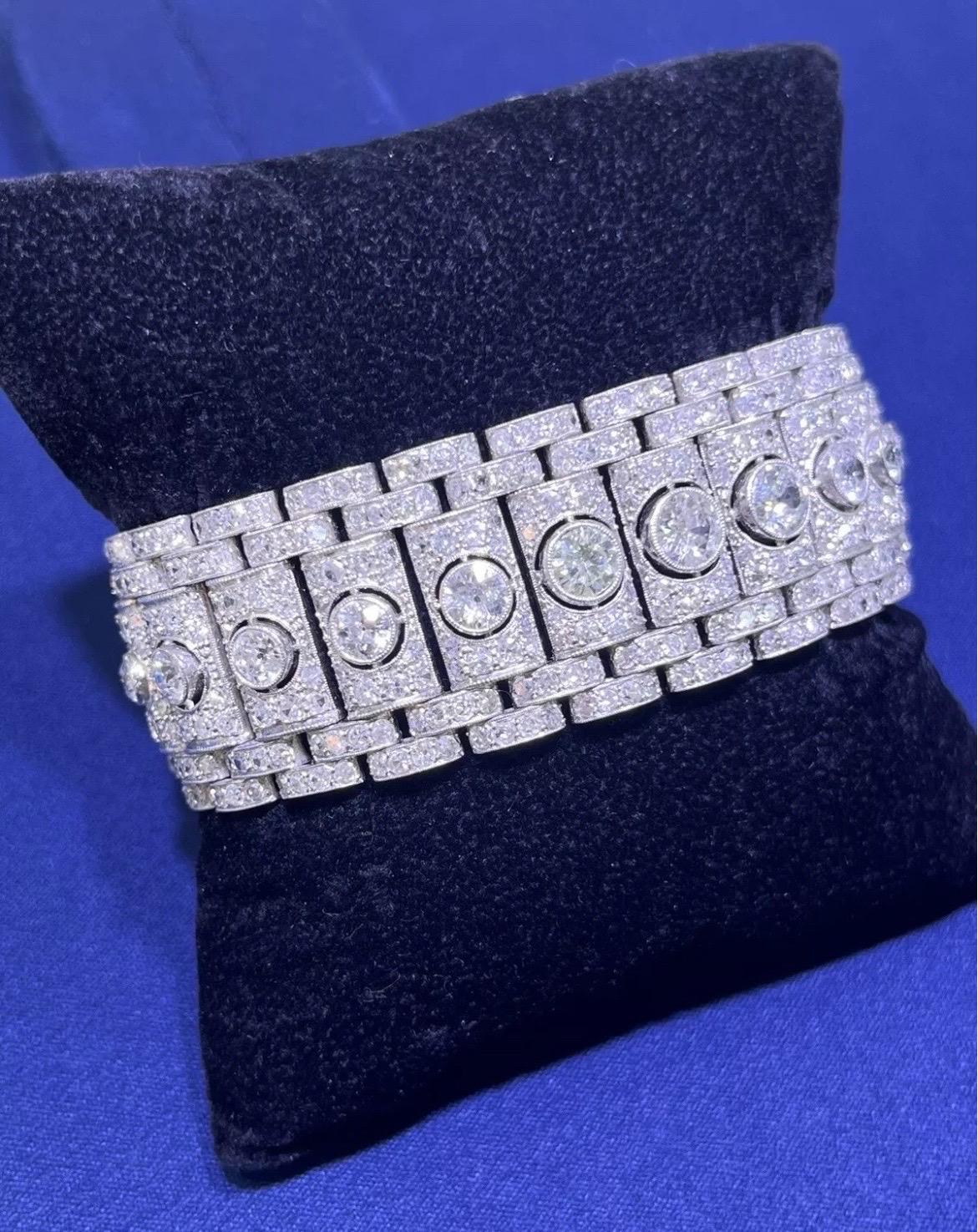 Stunning Vintage Art Deco Platinum 19CT Old Cut Round Diamond Wide Bracelet For Sale 13