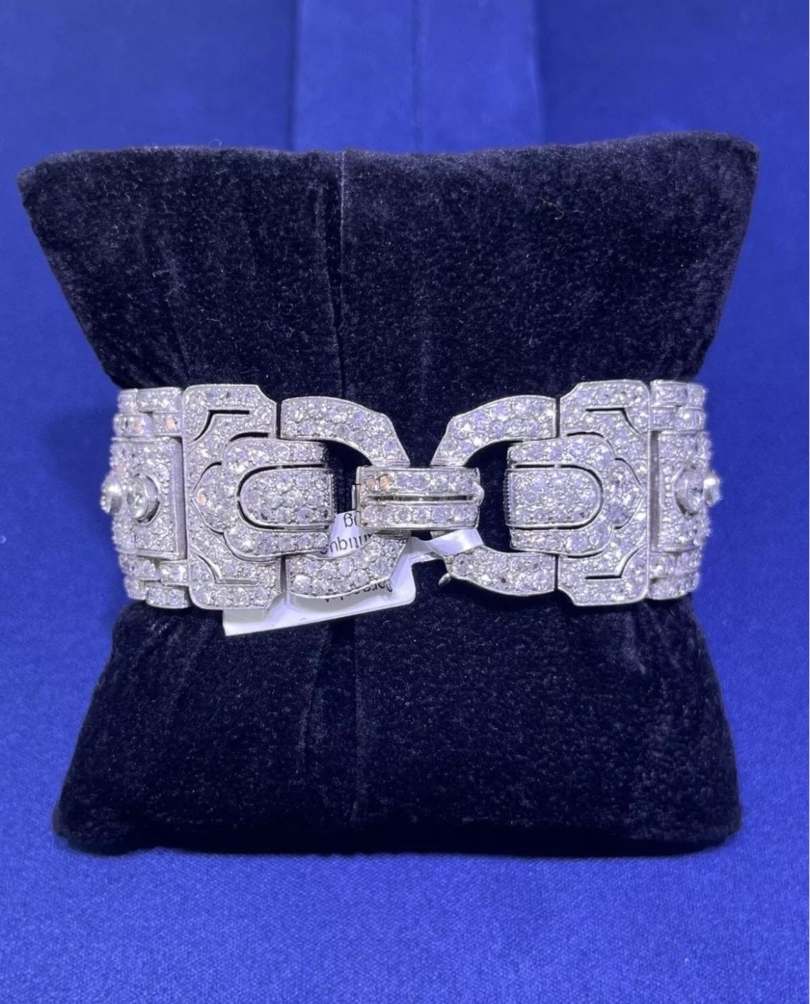Stunning Vintage Art Deco Platinum 19CT Old Cut Round Diamond Wide Bracelet For Sale 14