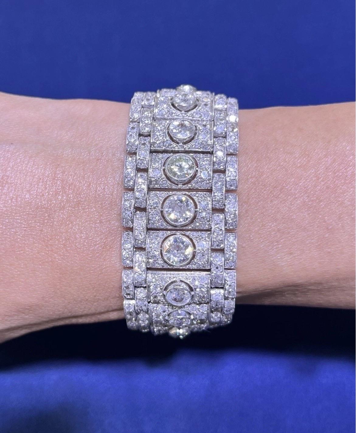Stunning Vintage Art Deco Platinum 19CT Old Cut Round Diamond Wide Bracelet For Sale 15