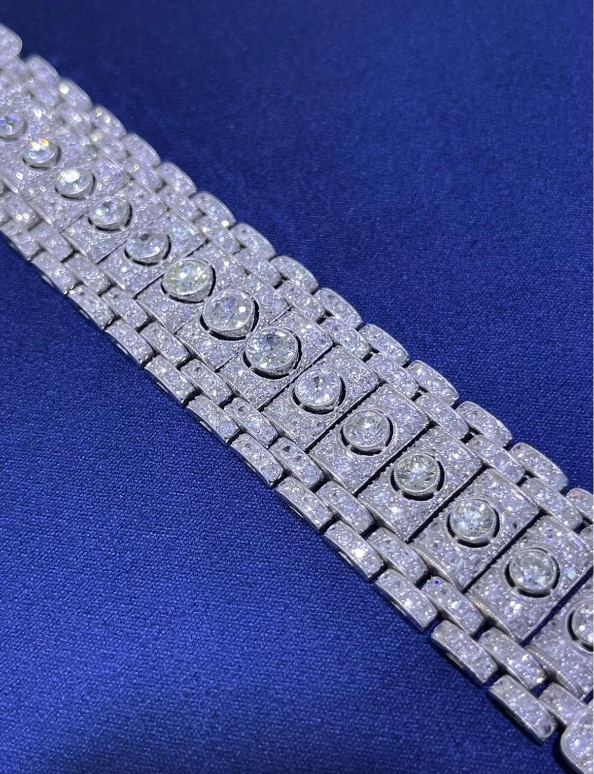 Round Cut Stunning Vintage Art Deco Platinum 19CT Old Cut Round Diamond Wide Bracelet For Sale