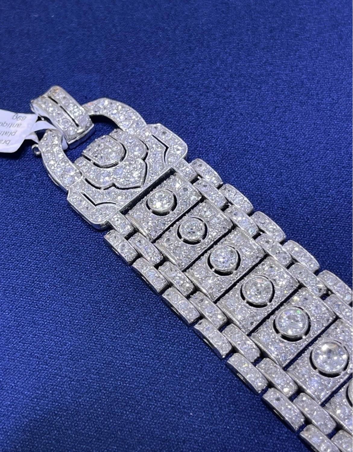 Women's Stunning Vintage Art Deco Platinum 19CT Old Cut Round Diamond Wide Bracelet For Sale