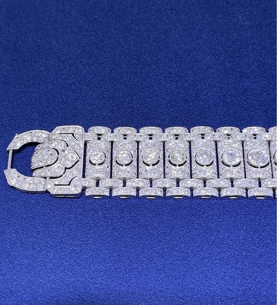 Stunning Vintage Art Deco Platinum 19CT Old Cut Round Diamond Wide Bracelet For Sale 1
