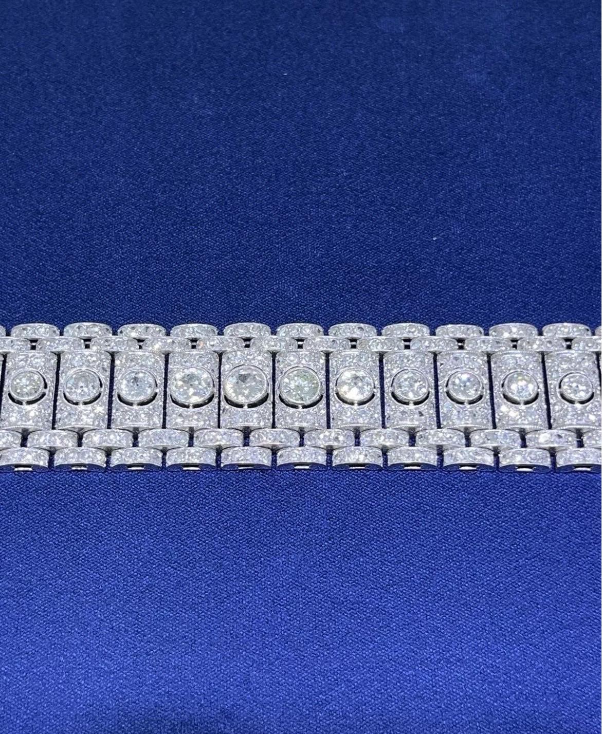 Stunning Vintage Art Deco Platinum 19CT Old Cut Round Diamond Wide Bracelet For Sale 2