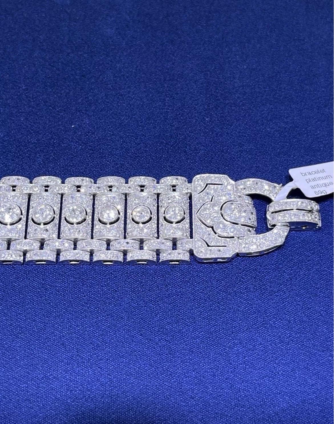 Stunning Vintage Art Deco Platinum 19CT Old Cut Round Diamond Wide Bracelet For Sale 3