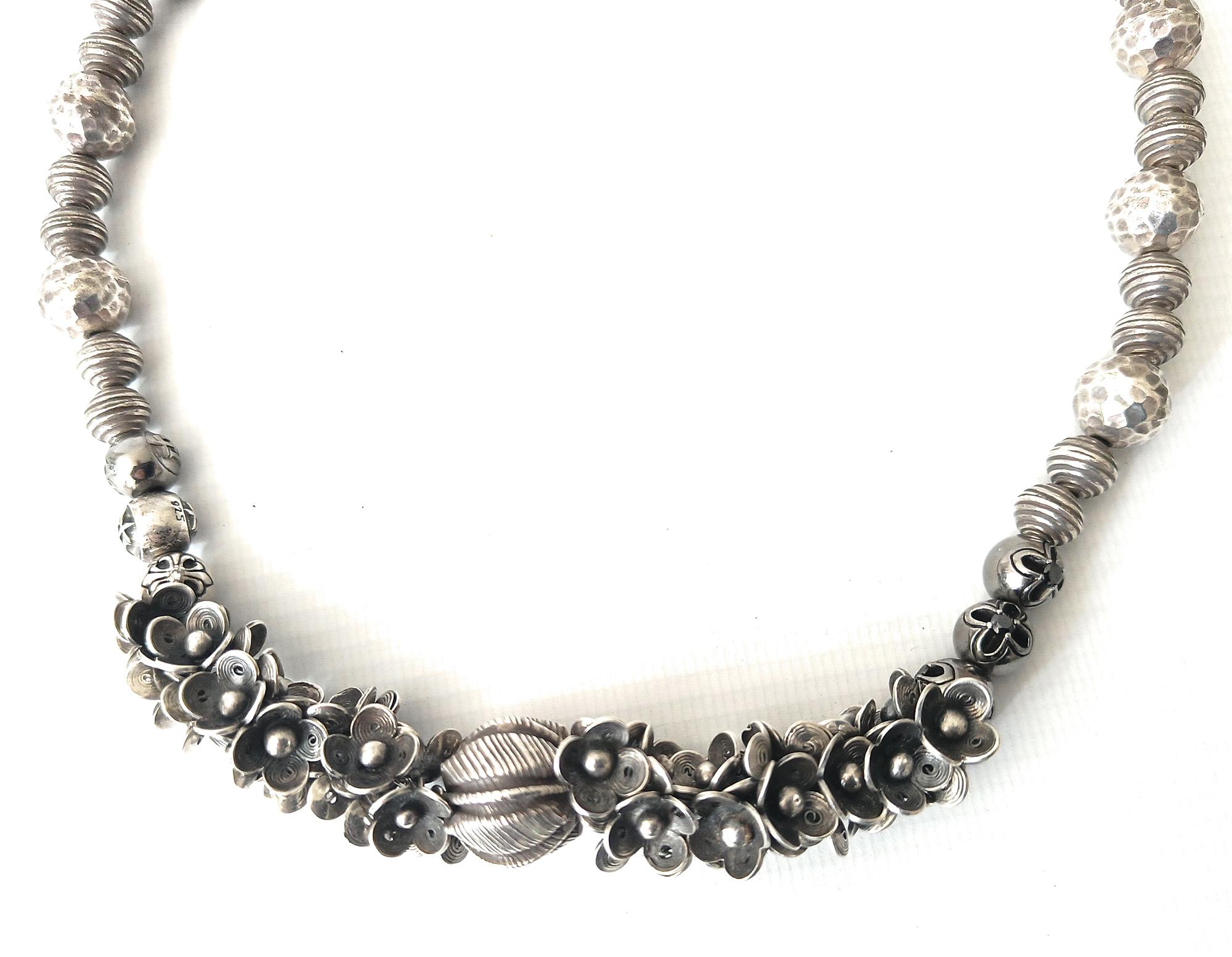 Chinese Stunning Vintage Asian Designer silver bead flower petal necklace For Sale