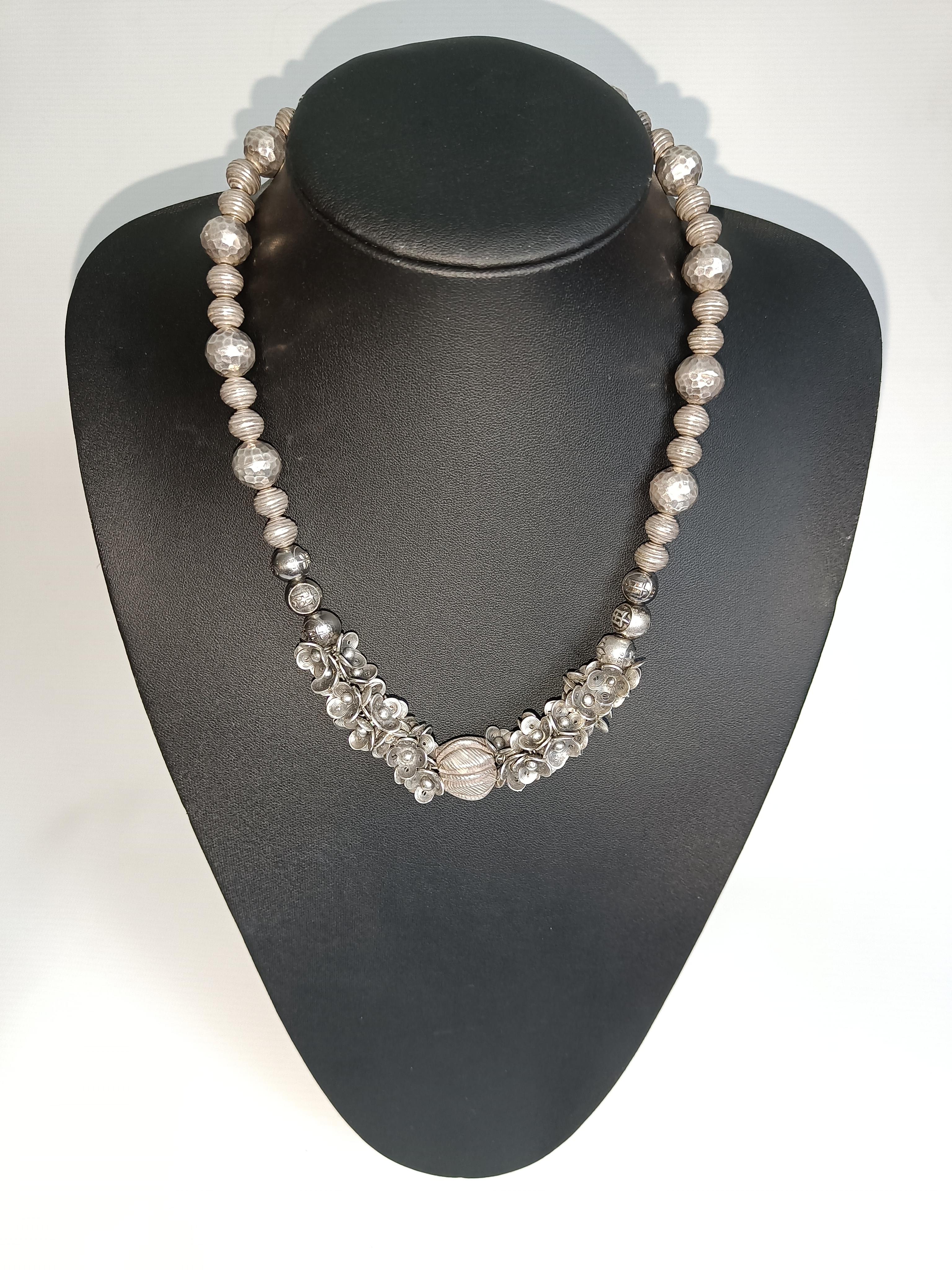 Hammered Stunning Vintage Asian Designer silver bead flower petal necklace For Sale