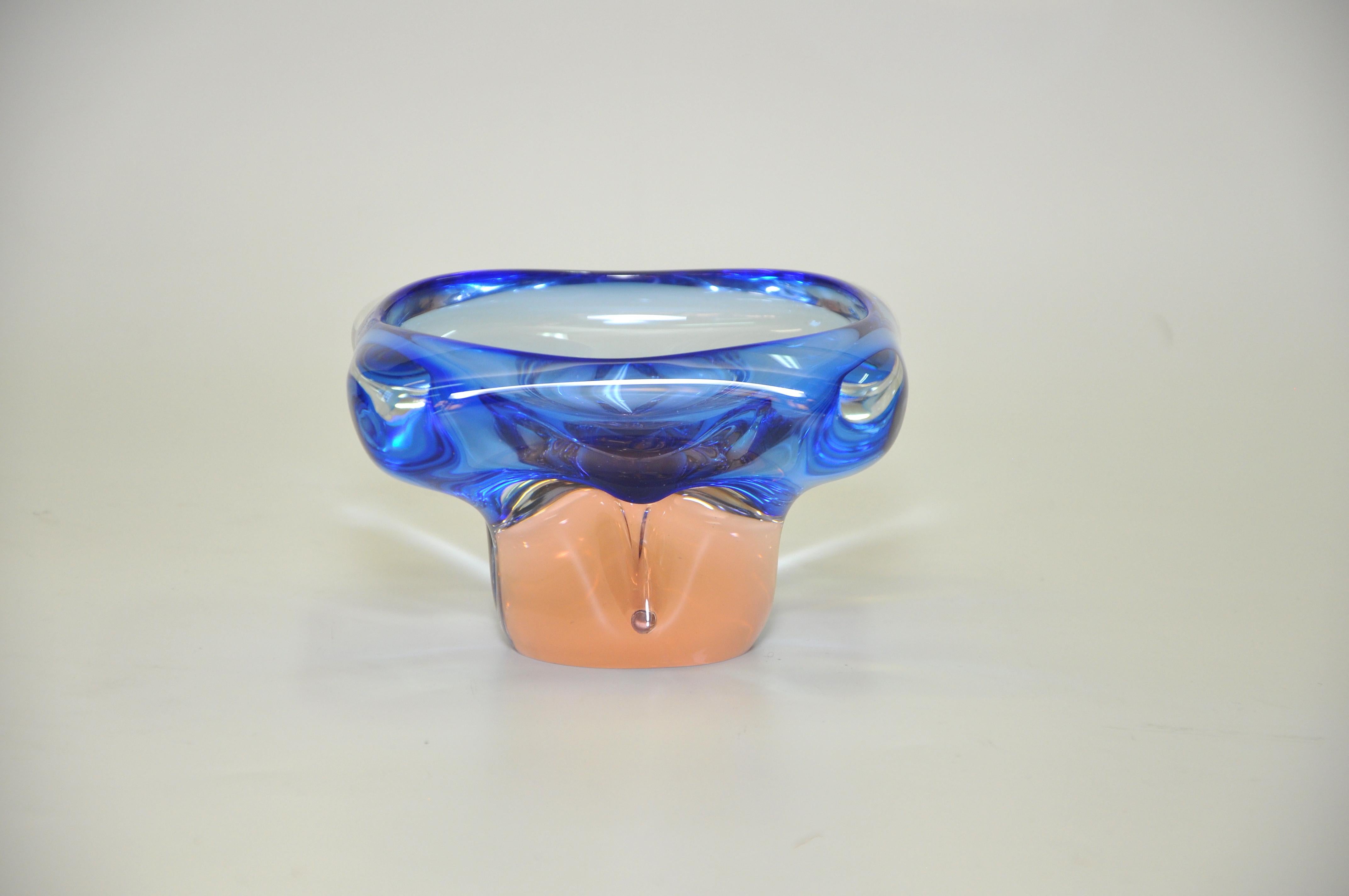 Modern Stunning Vintage Blue Peach Art Glass Bowl Italian Murano For Sale