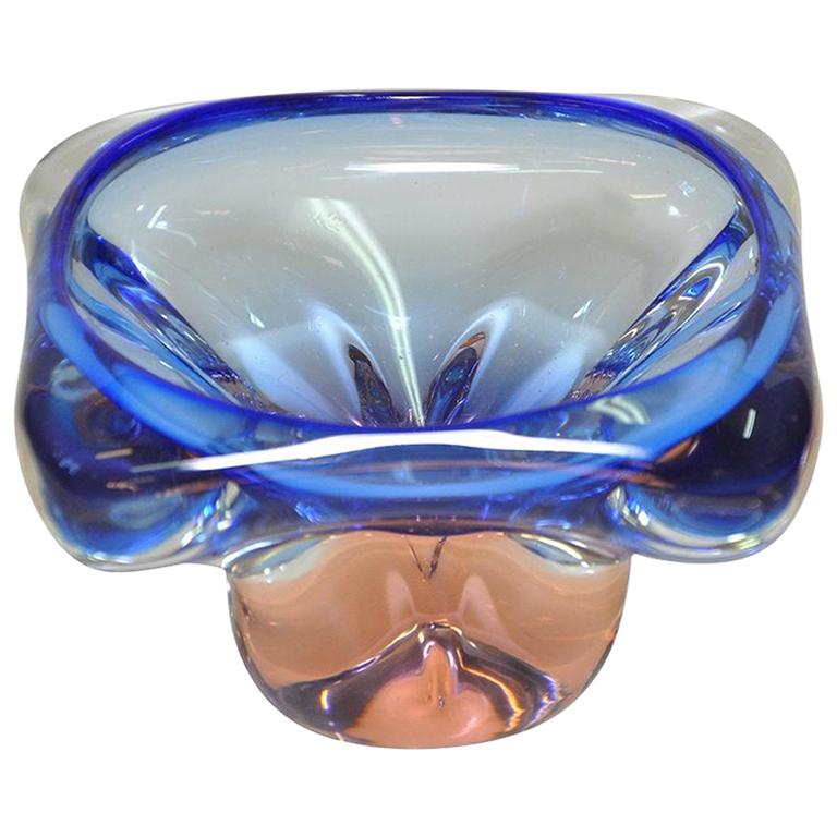 Stunning Vintage Blue Peach Art Glass Bowl Italian Murano For Sale
