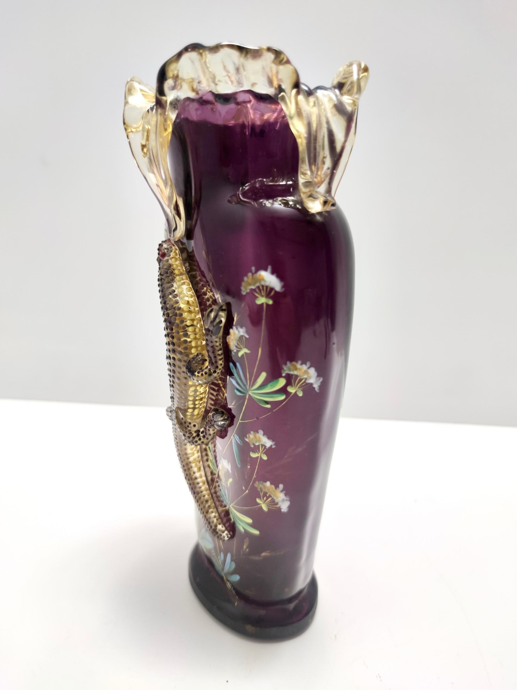 Mid-Century Modern Stunning Vintage Bohemian Amethyst Blown Glass Vase with Salamander For Sale