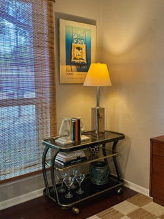 Stunning vintage brass and smoked glass curved bar cart, circa 1970s