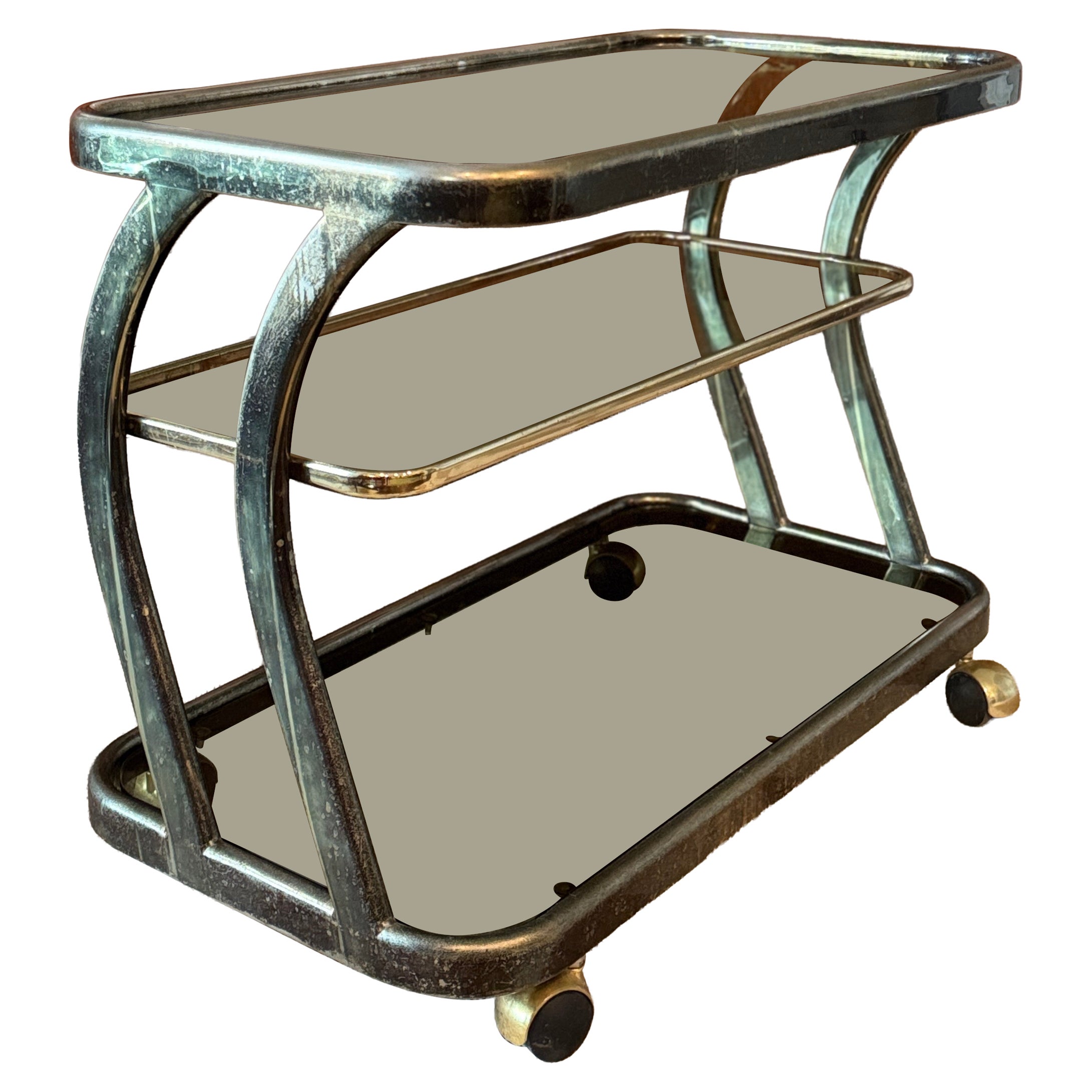 Stunning vintage brass and smoked glass curved bar cart, circa 1970s