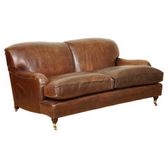 Stunning Vintage Brown Hand Dyed Leather Howards and Sons Style Sofa Feather Fil