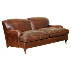 Stunning Vintage Brown Hand Dyed Leather Howards and Sons Style Sofa Feather Fil