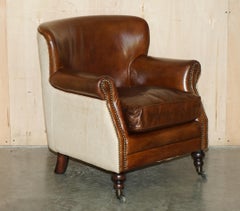 STUNNING ViNTAGE BROWN LEATHER HERRINGBONE WOOL LITTLE PROFESSOR STYLE ARMCHAIR