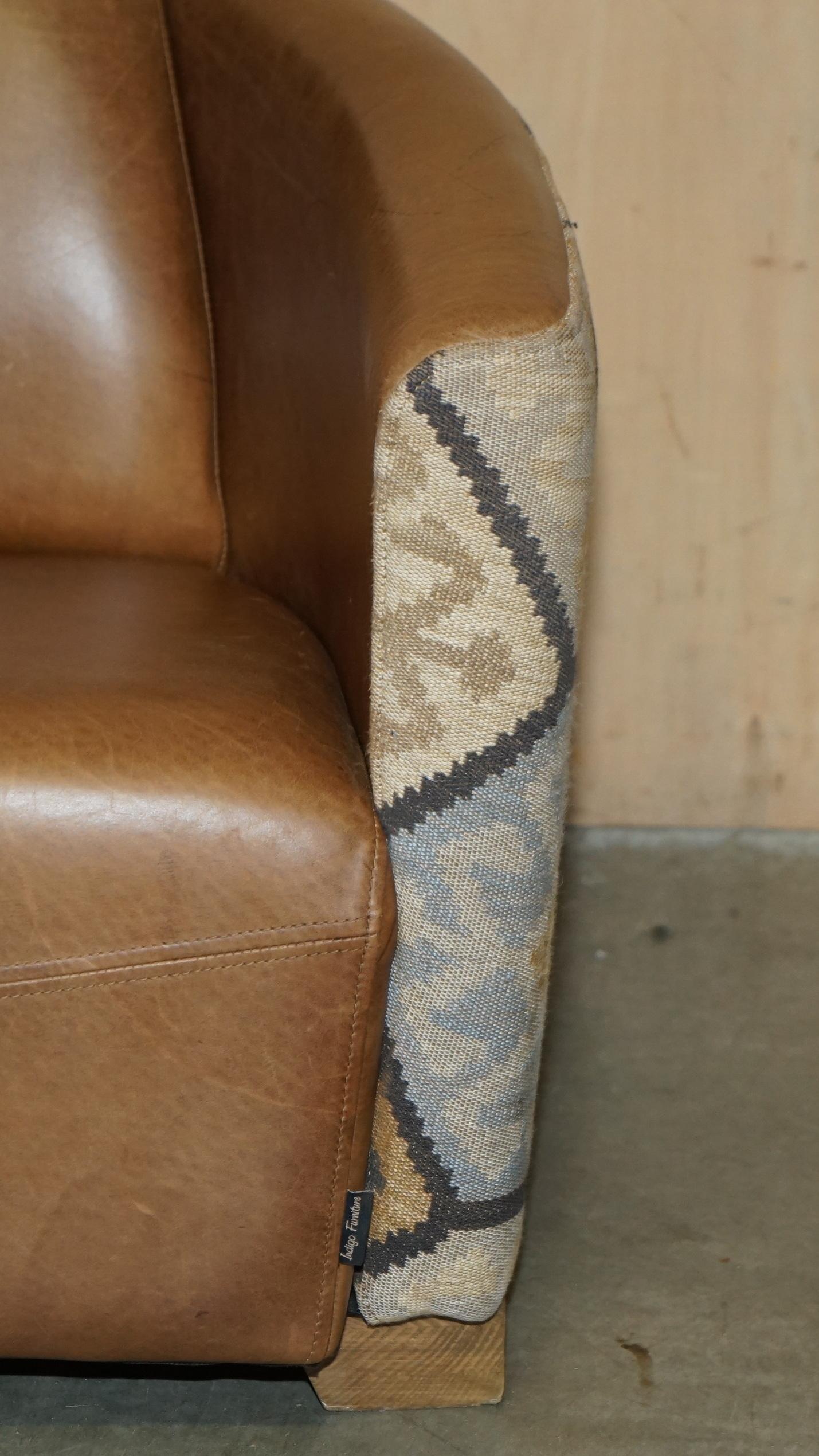 STUNNING ViNTAGE BROWN LEATHER & KILIM ROCKET ARMCHAIR & FOOTSTOOL SUITE For Sale 2