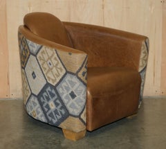 STUNNING ViNTAGE BROWN LEATHER & KILIM ROCKET ARMCHAIR & FOOTSTOOL SUITE