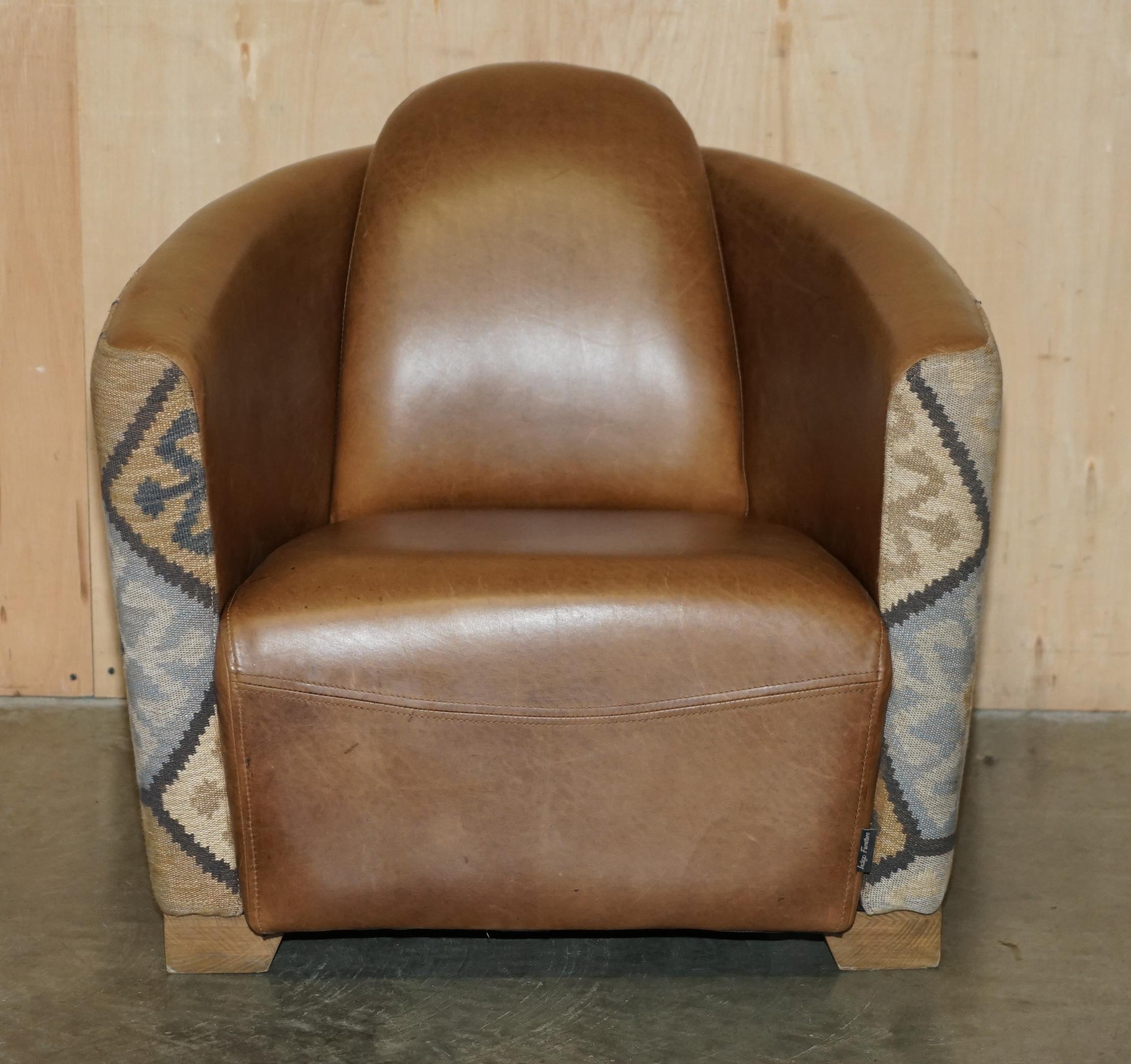Kilim STUNNING ViNTAGE BROWN LEATHER & KILIM ROCKET ARMCHAIR & FOOTSTOOL SUITE For Sale