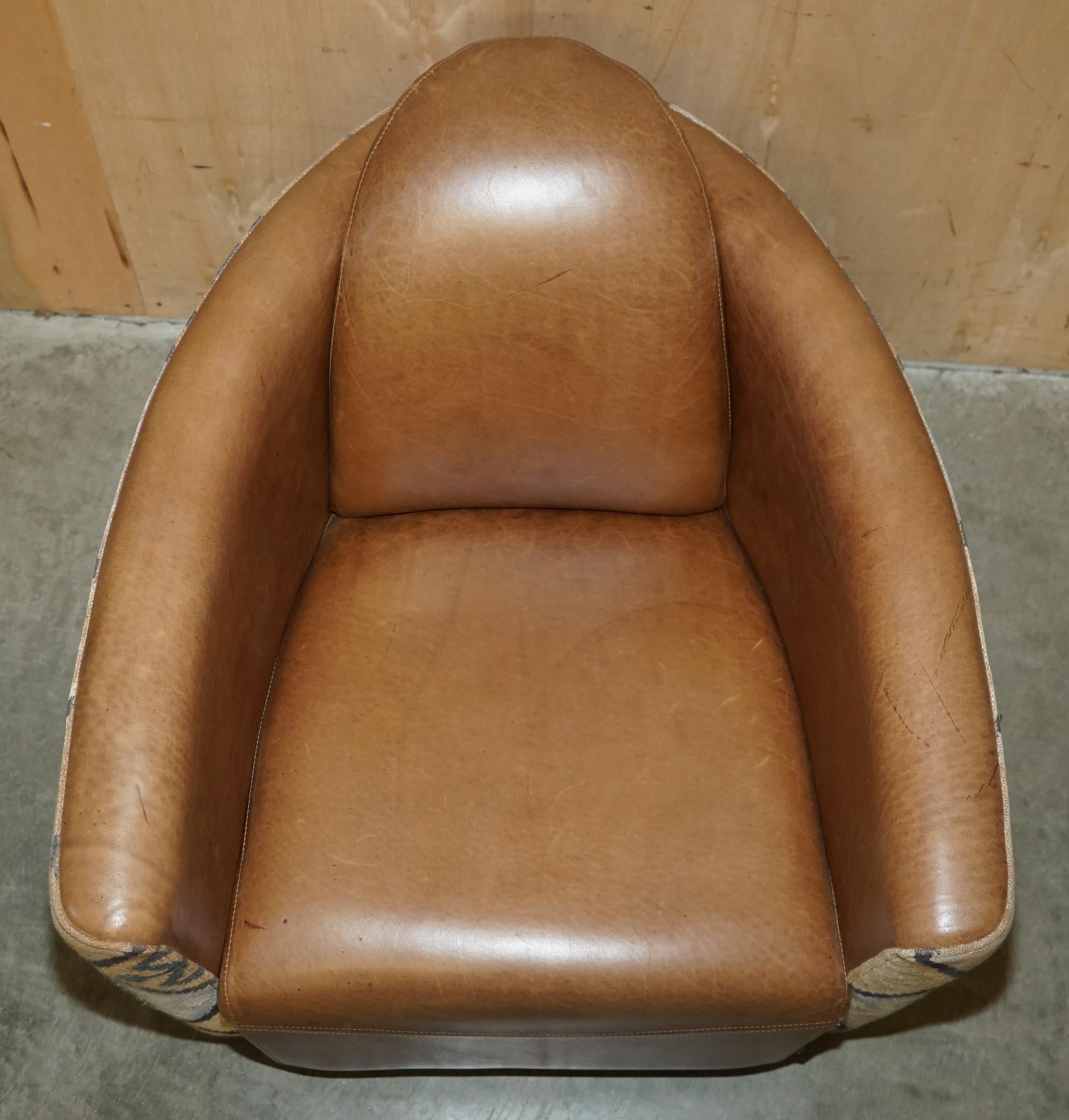 English STUNNING ViNTAGE BROWN LEATHER & KILIM ROCKET ARMCHAIR & FOOTSTOOL SUITE For Sale