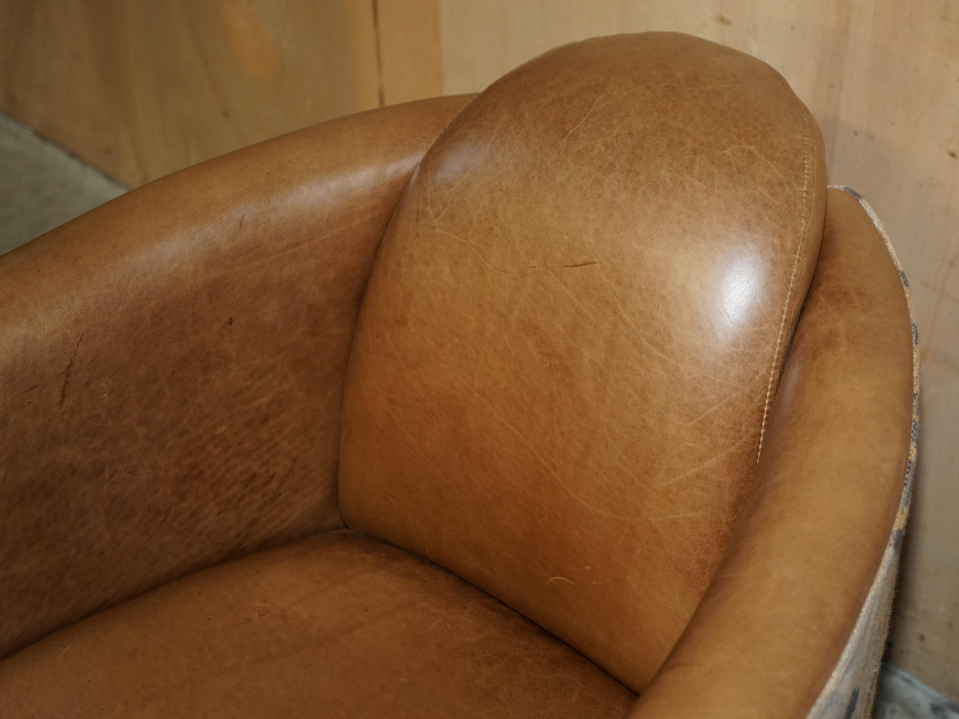 Hand-Crafted STUNNING ViNTAGE BROWN LEATHER & KILIM ROCKET ARMCHAIR & FOOTSTOOL SUITE For Sale