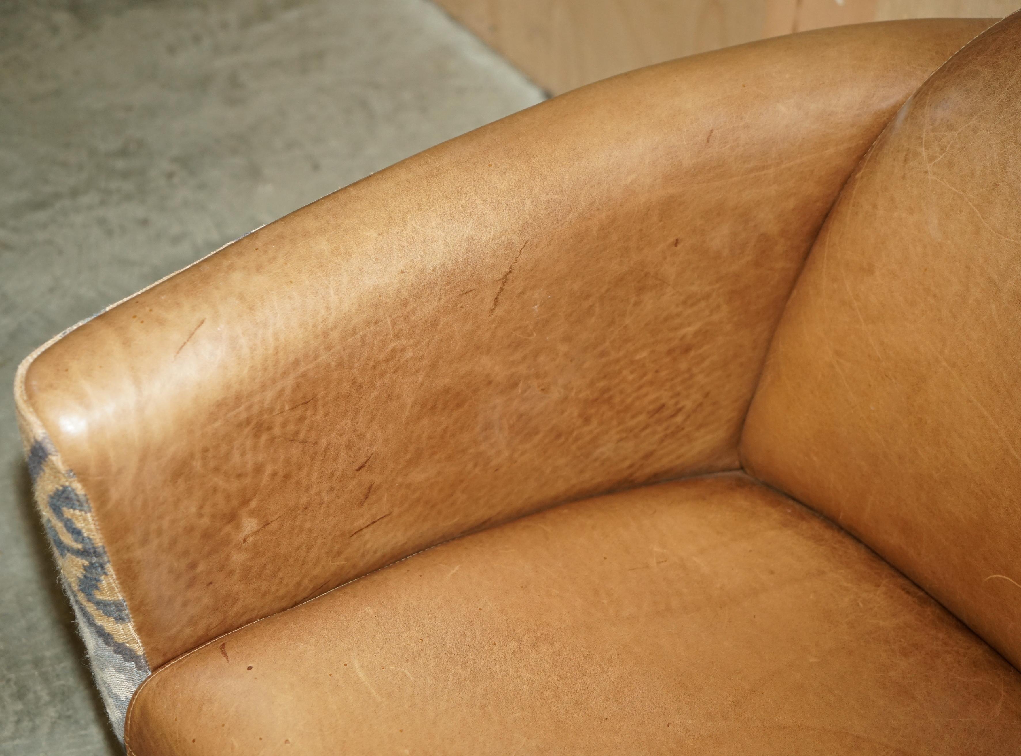 20th Century STUNNING ViNTAGE BROWN LEATHER & KILIM ROCKET ARMCHAIR & FOOTSTOOL SUITE For Sale