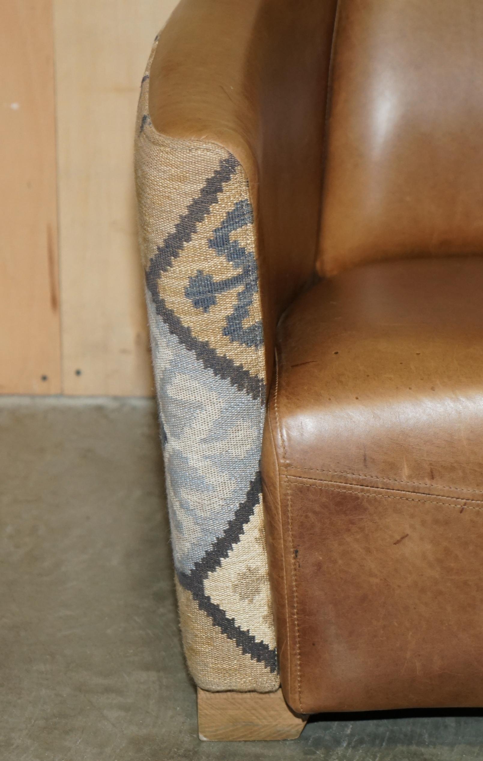 STUNNING ViNTAGE BROWN LEATHER & KILIM ROCKET ARMCHAIR & FOOTSTOOL SUITE For Sale 1