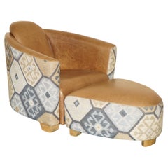 STUNNING ViNTAGE BROWN LEATHER & KILIM ROCKET ARMCHAIR & FOOTSTOOL SUITE