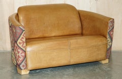 STUNNING ViNTAGE BROWN LEATHER & KILIM ROCKET SOFA ARMCHAIR & FOOTSTOOL SUITe