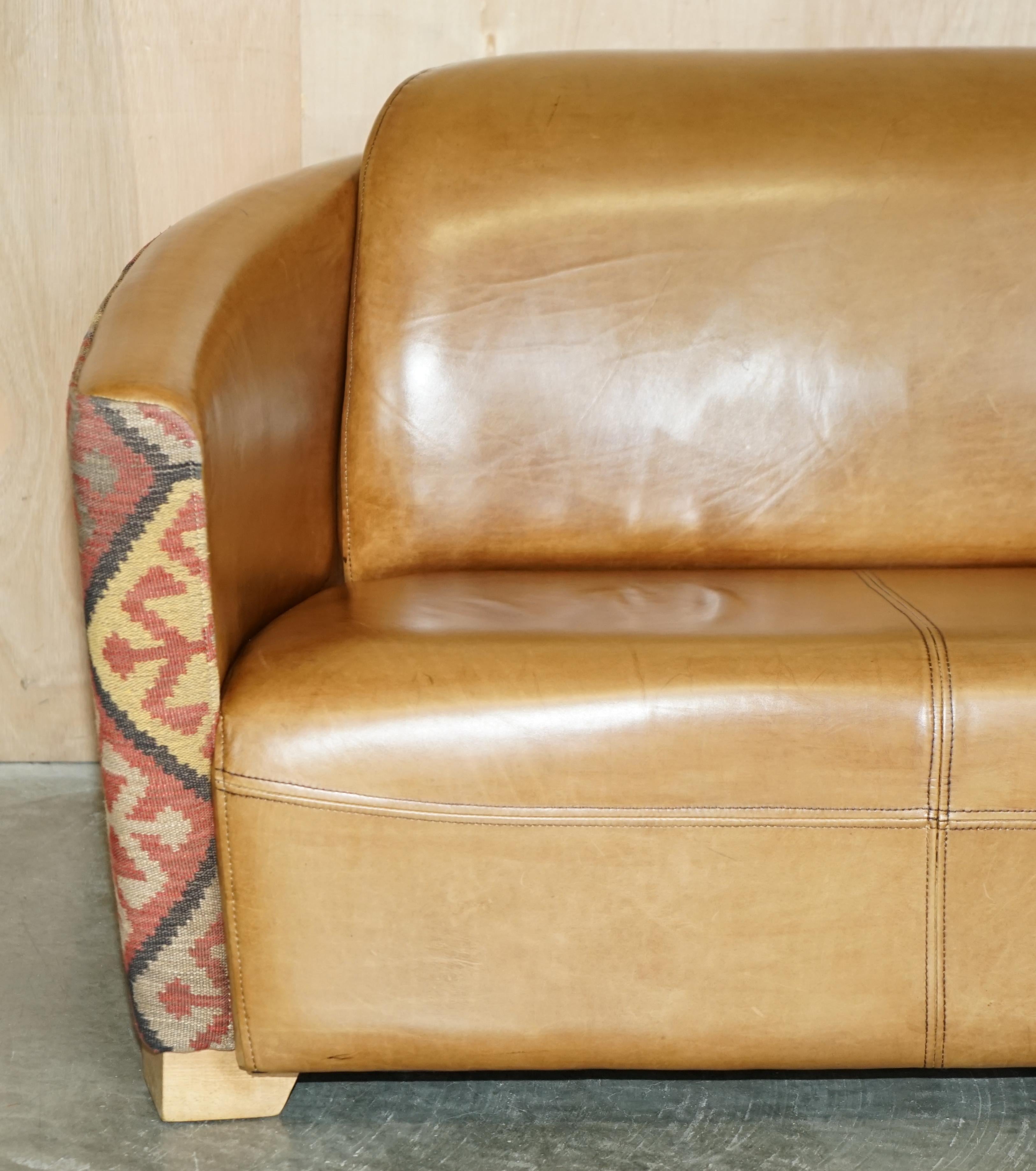 Hand-Crafted STUNNING ViNTAGE BROWN LEATHER & KILIM ROCKET SOFA ARMCHAIR & FOOTSTOOL SUITe For Sale