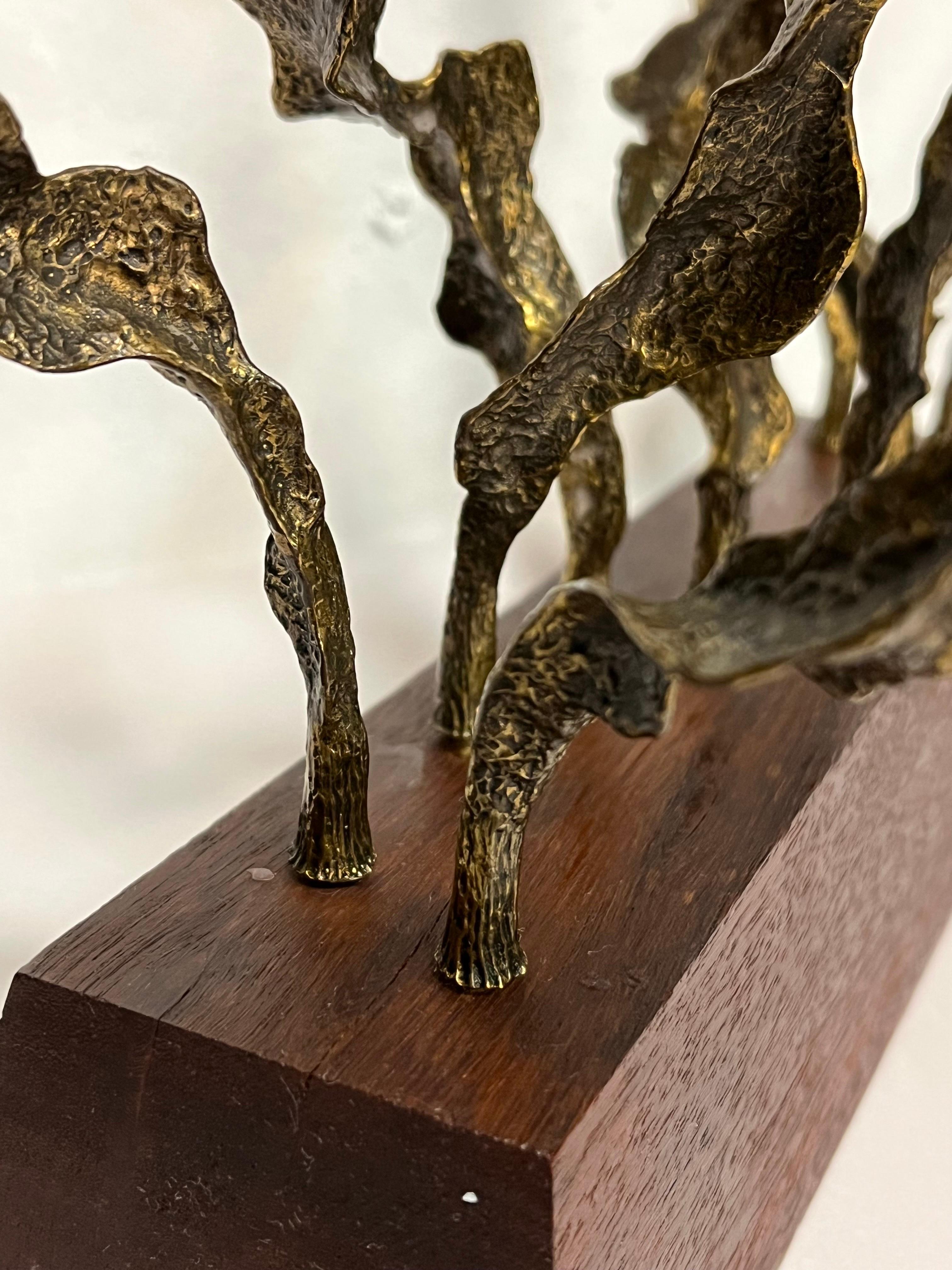 Stunning Vintage Brutalist Sculptural Menorah of Bronze on Wood Base by Berman 5