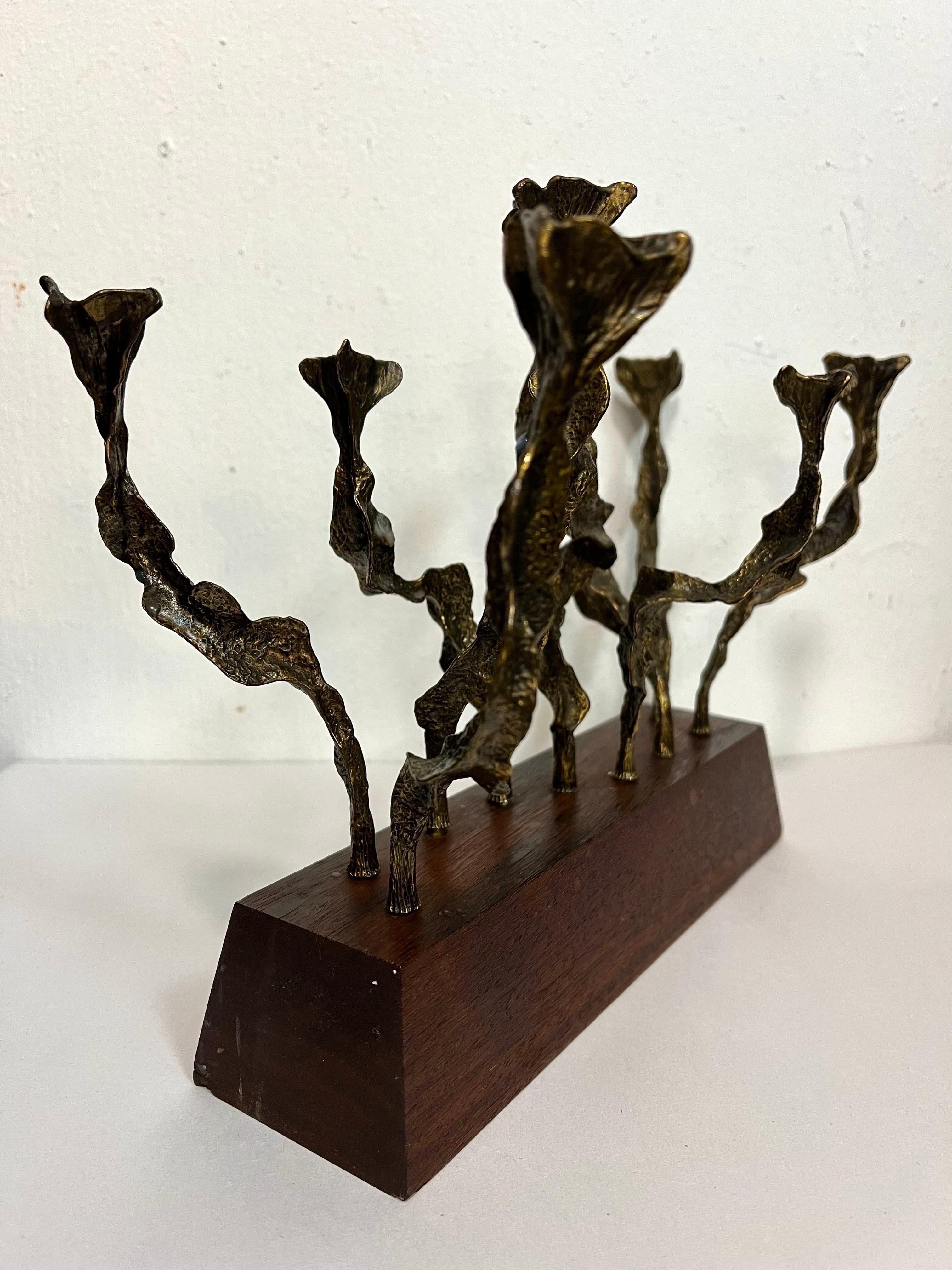 American Stunning Vintage Brutalist Sculptural Menorah of Bronze on Wood Base by Berman