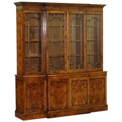 Stunning Vintage Burr Walnut Breakfront Library Bookcase Astral Glazed Doors