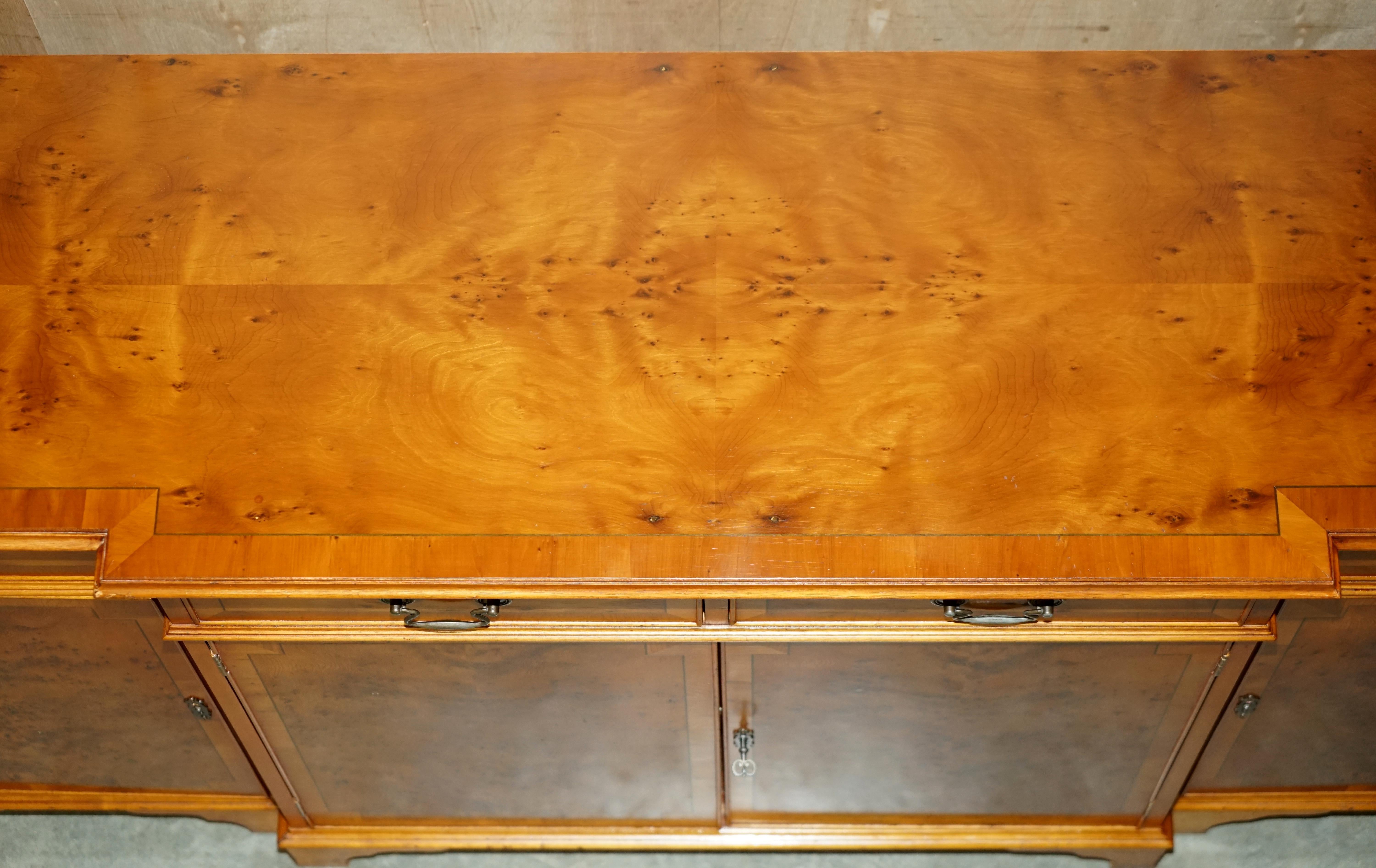 Stunning Vintage Burr Walnut Breakfront Sideboard with Four Large Drawers 8