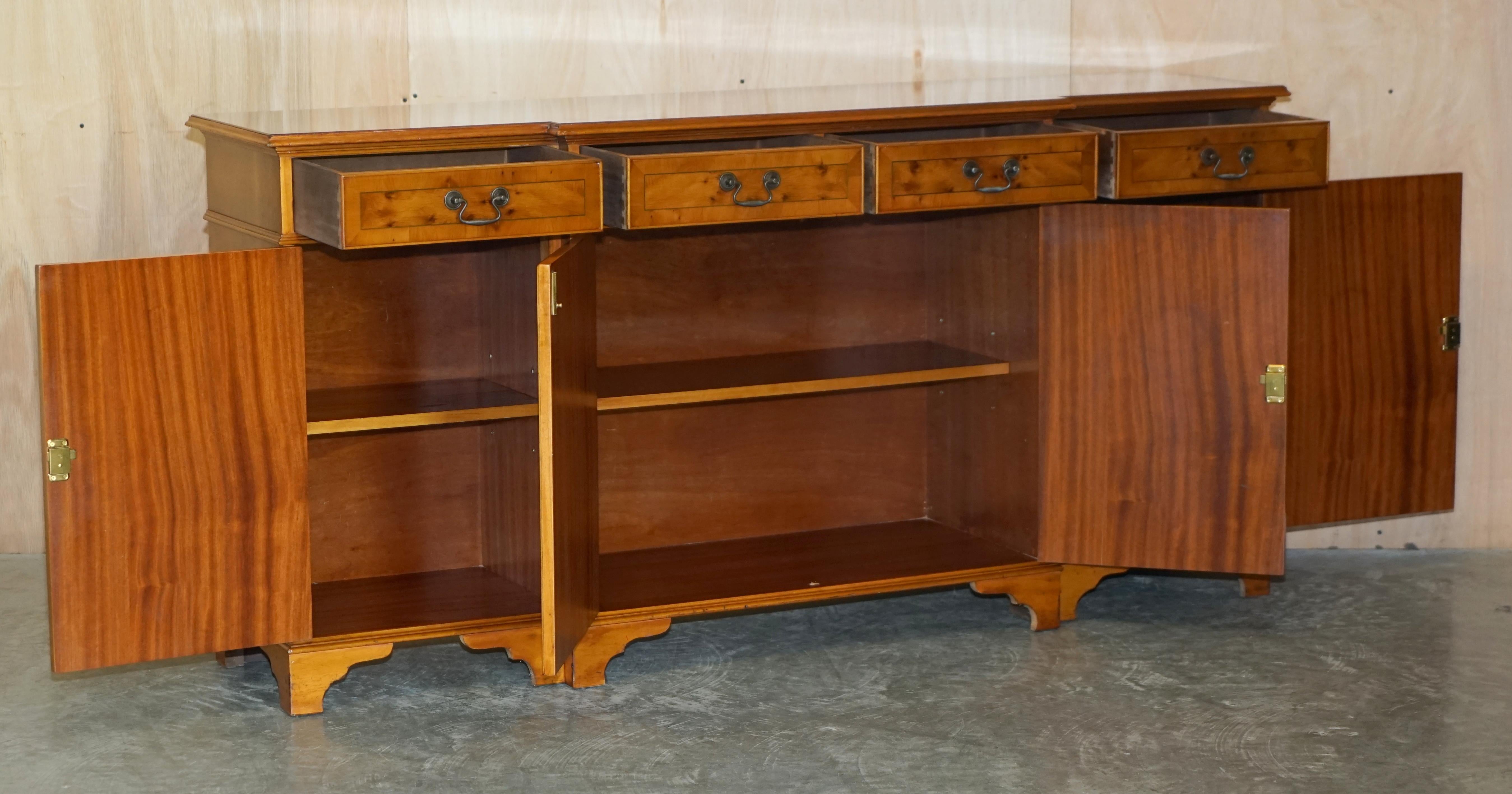 Stunning Vintage Burr Walnut Breakfront Sideboard with Four Large Drawers 11