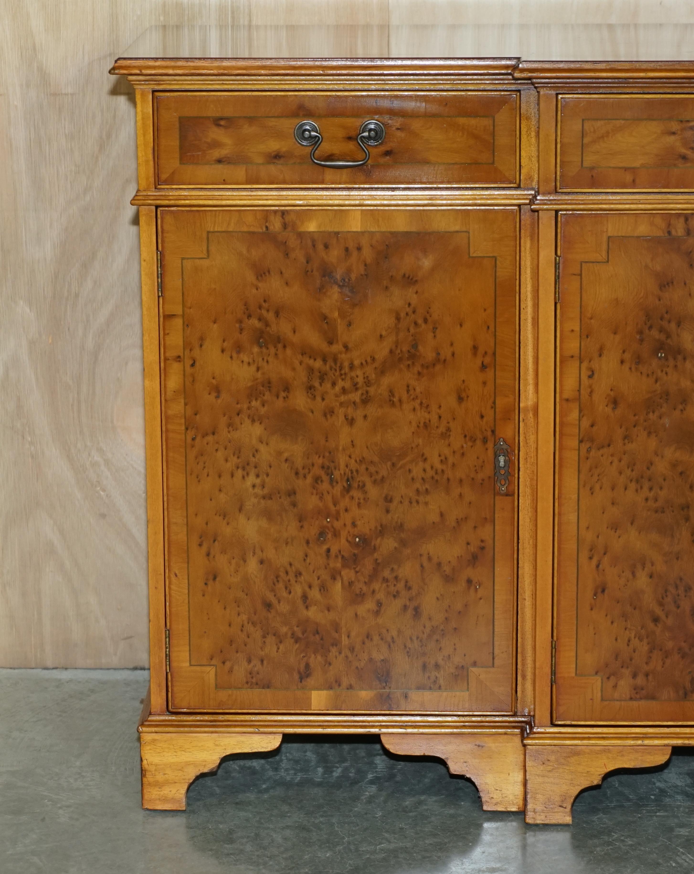 English Stunning Vintage Burr Walnut Breakfront Sideboard with Four Large Drawers