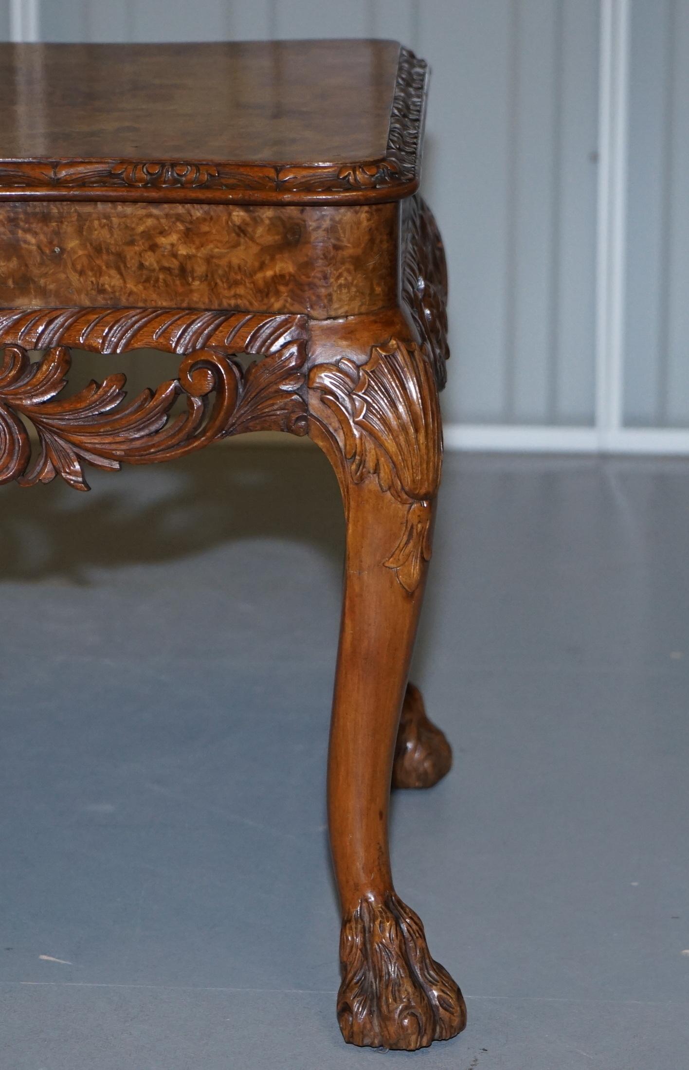 Stunning Vintage Burr Walnut Coffee Table with Ornately Carved Frame Lion Feet 3