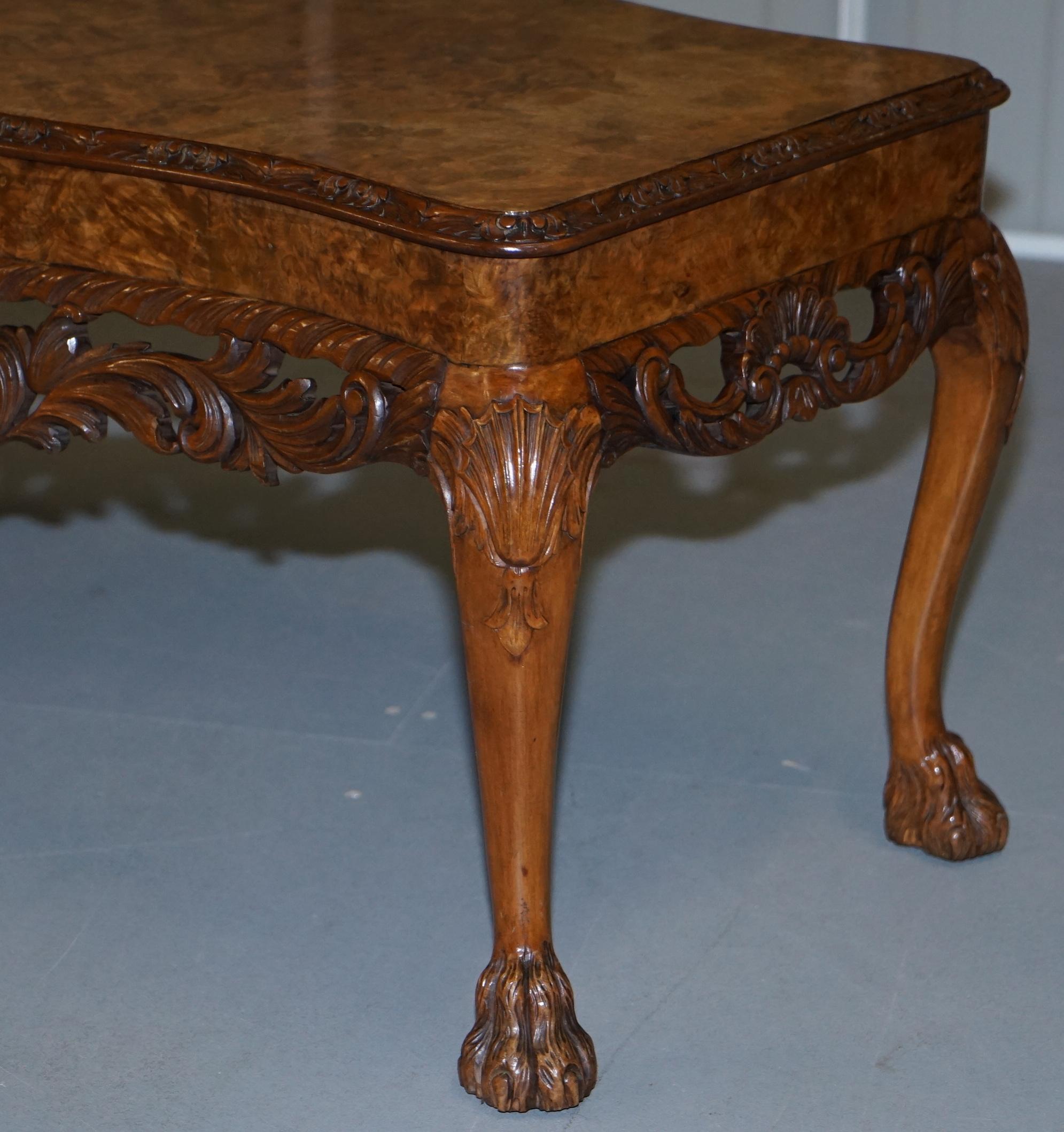 Stunning Vintage Burr Walnut Coffee Table with Ornately Carved Frame Lion Feet 4